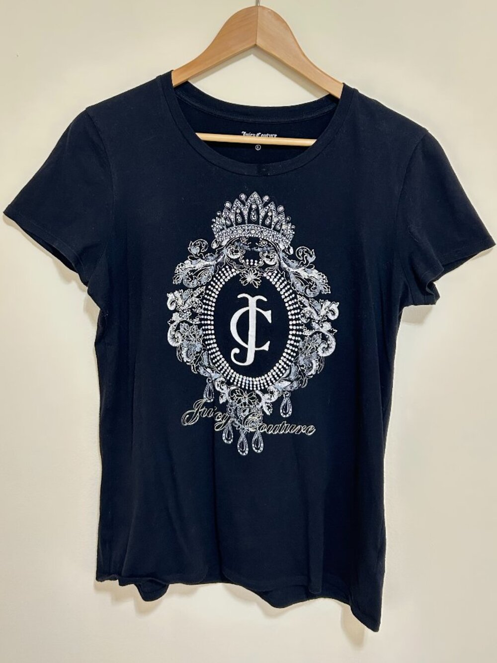 Juicy Couture Crew Neck Short Sleeve Tee Rhinestone Graphic Black Size L